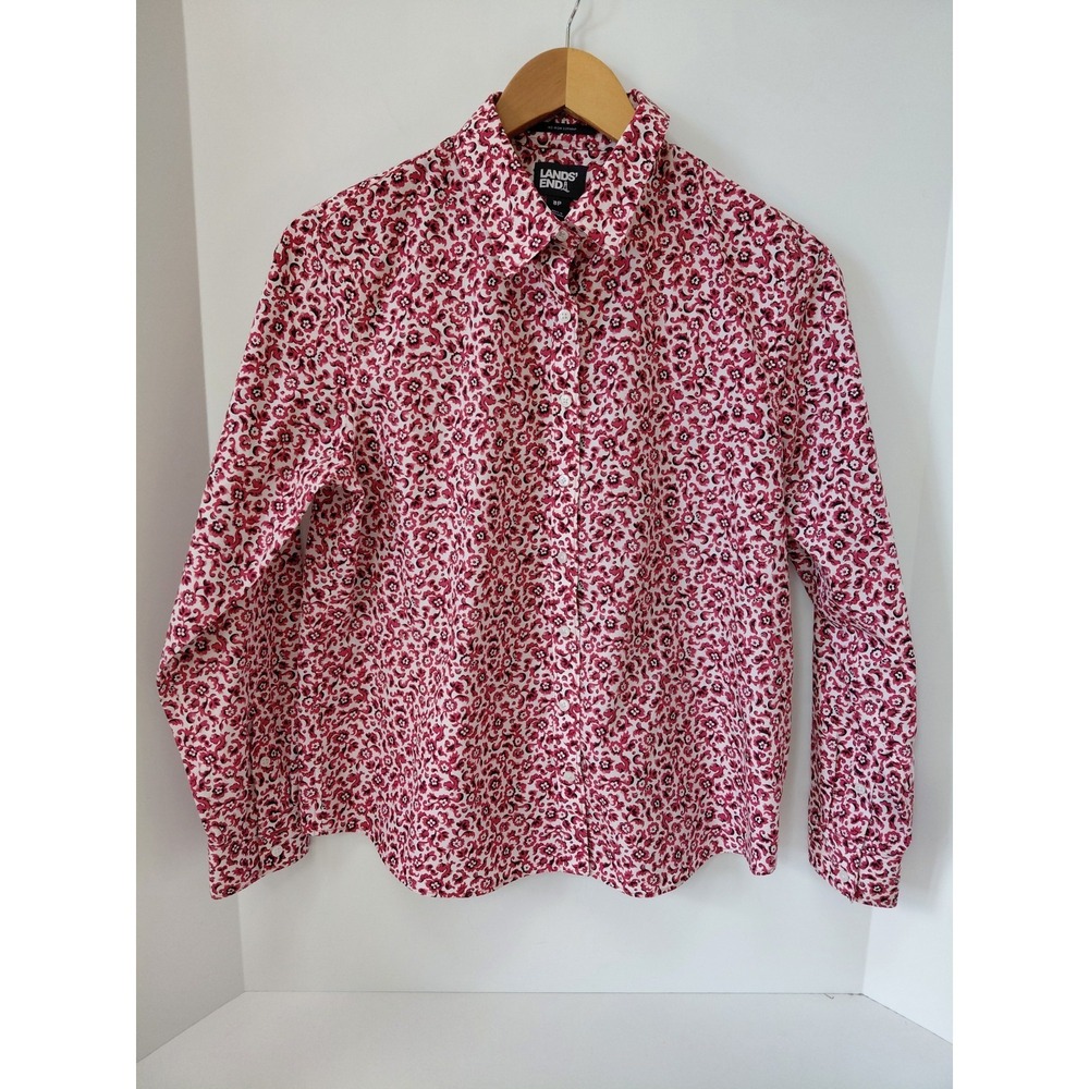 Lands' End No Iron Supima Button Shirt Size 8P White Red Floral Long‎ Sleeve